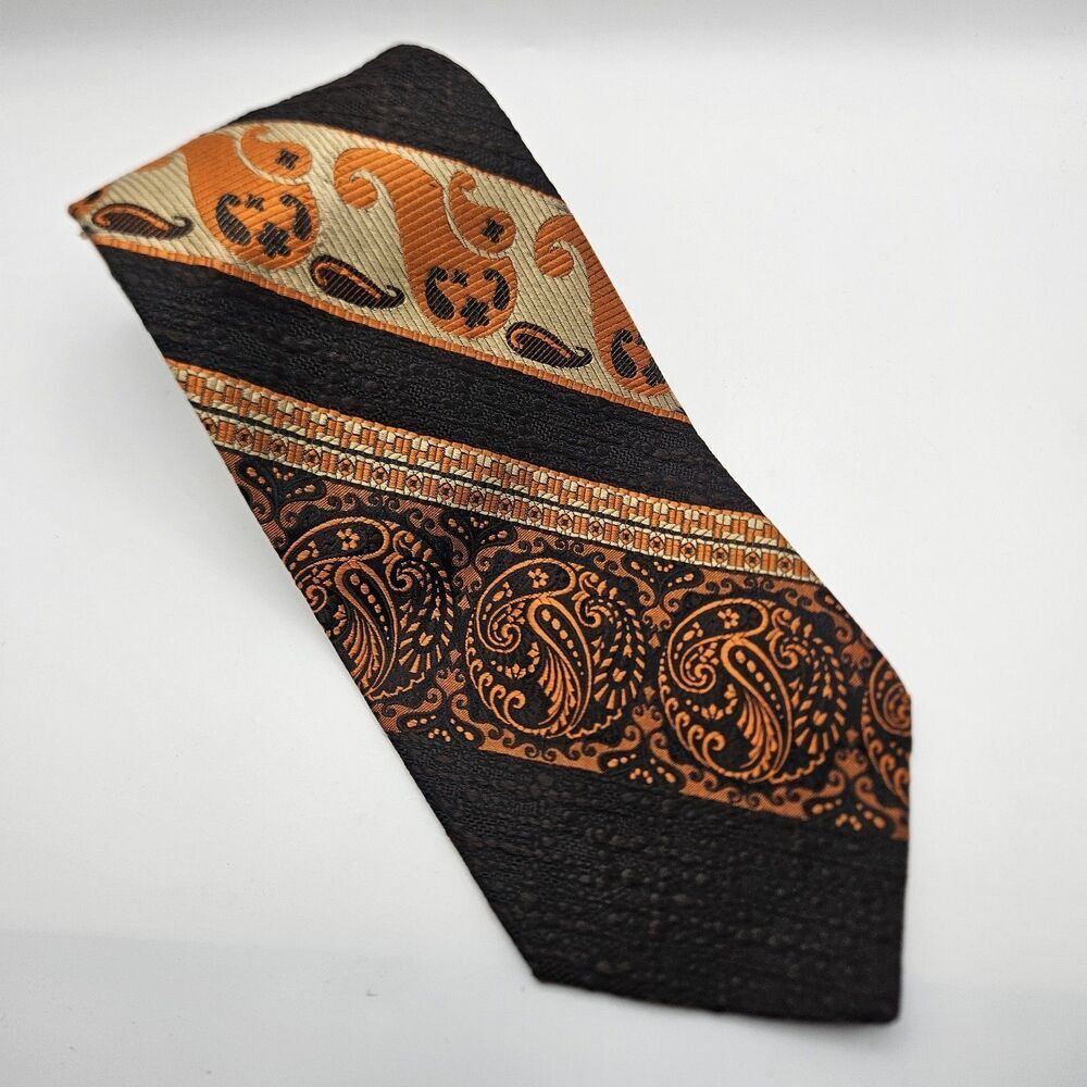 VTG Oscar de la Renta Orange Black‎ Paisley Embroidered All Silk Tie 58 3/x4.75"
